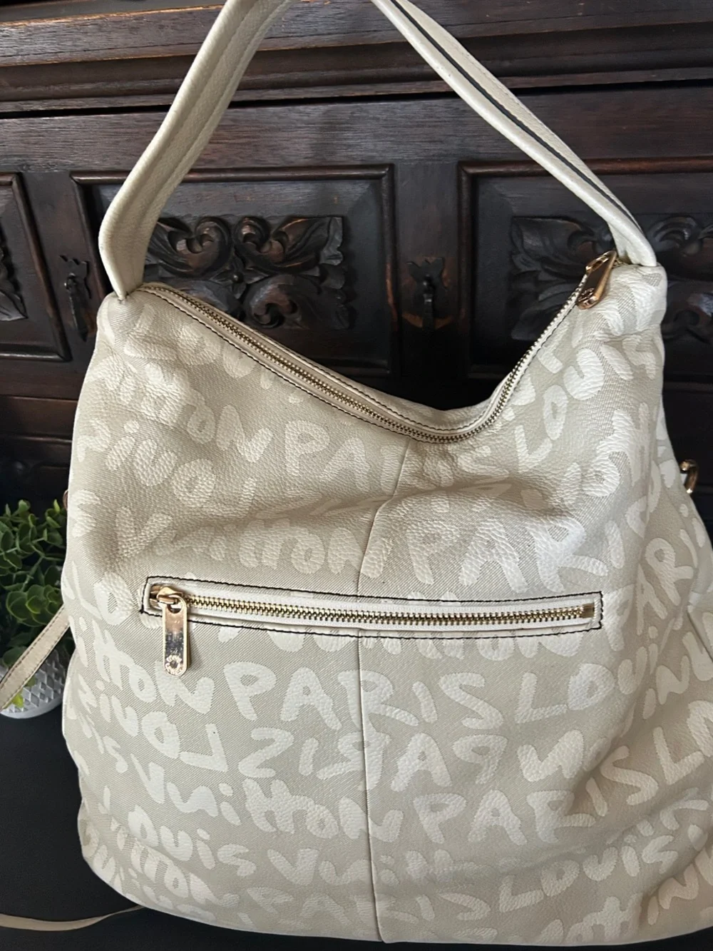 Source Unknown Beige Script-Print Shoulder Bag